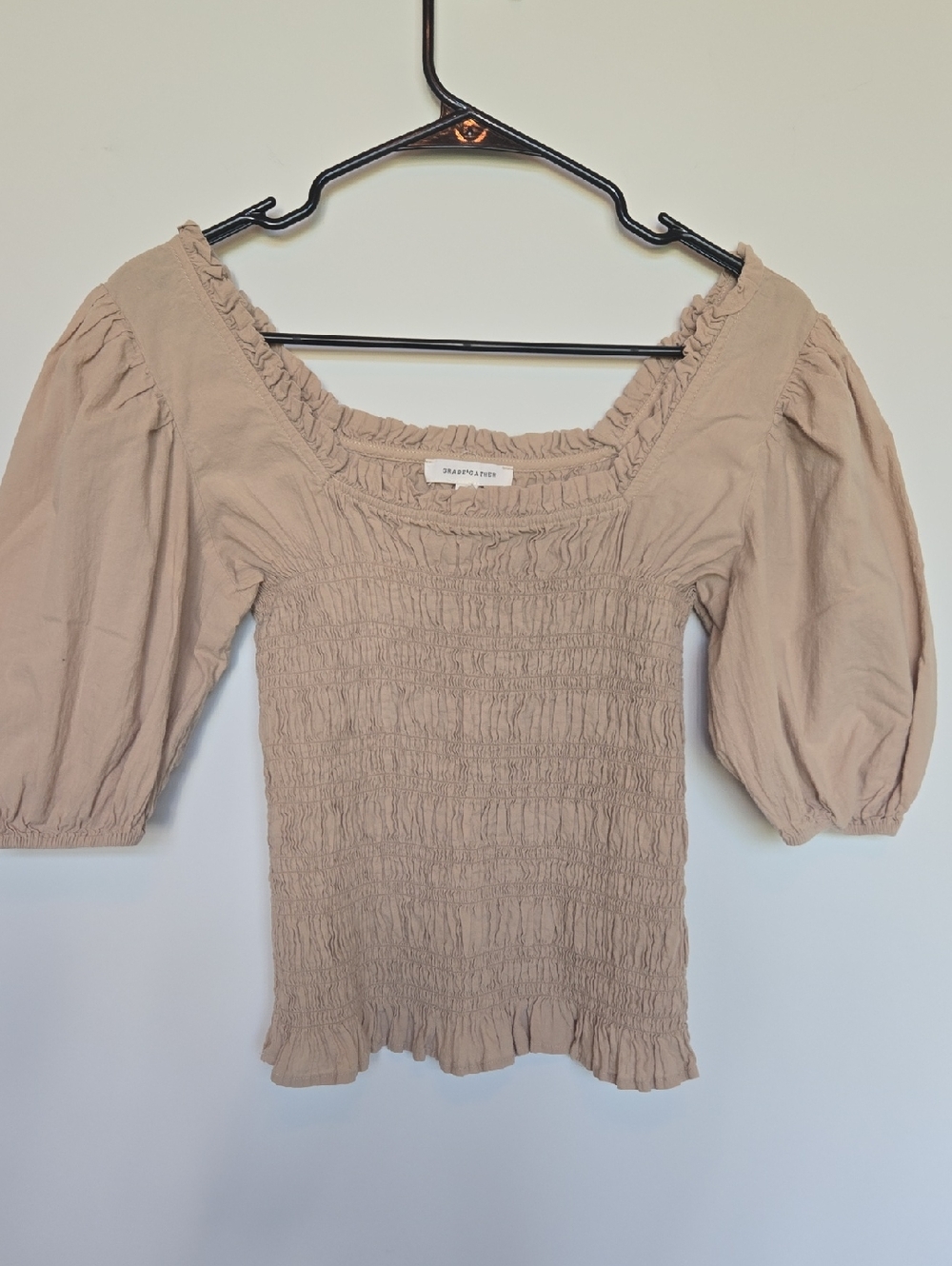 Smocked Square Neck Puff Sleeve Top - Beige